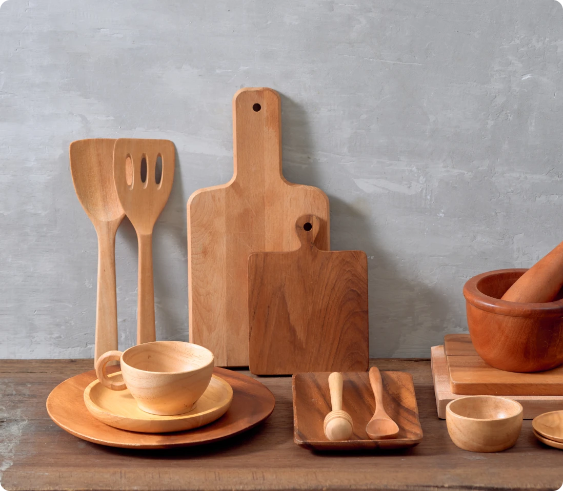 Wooden kitchen utensils and cutting boards